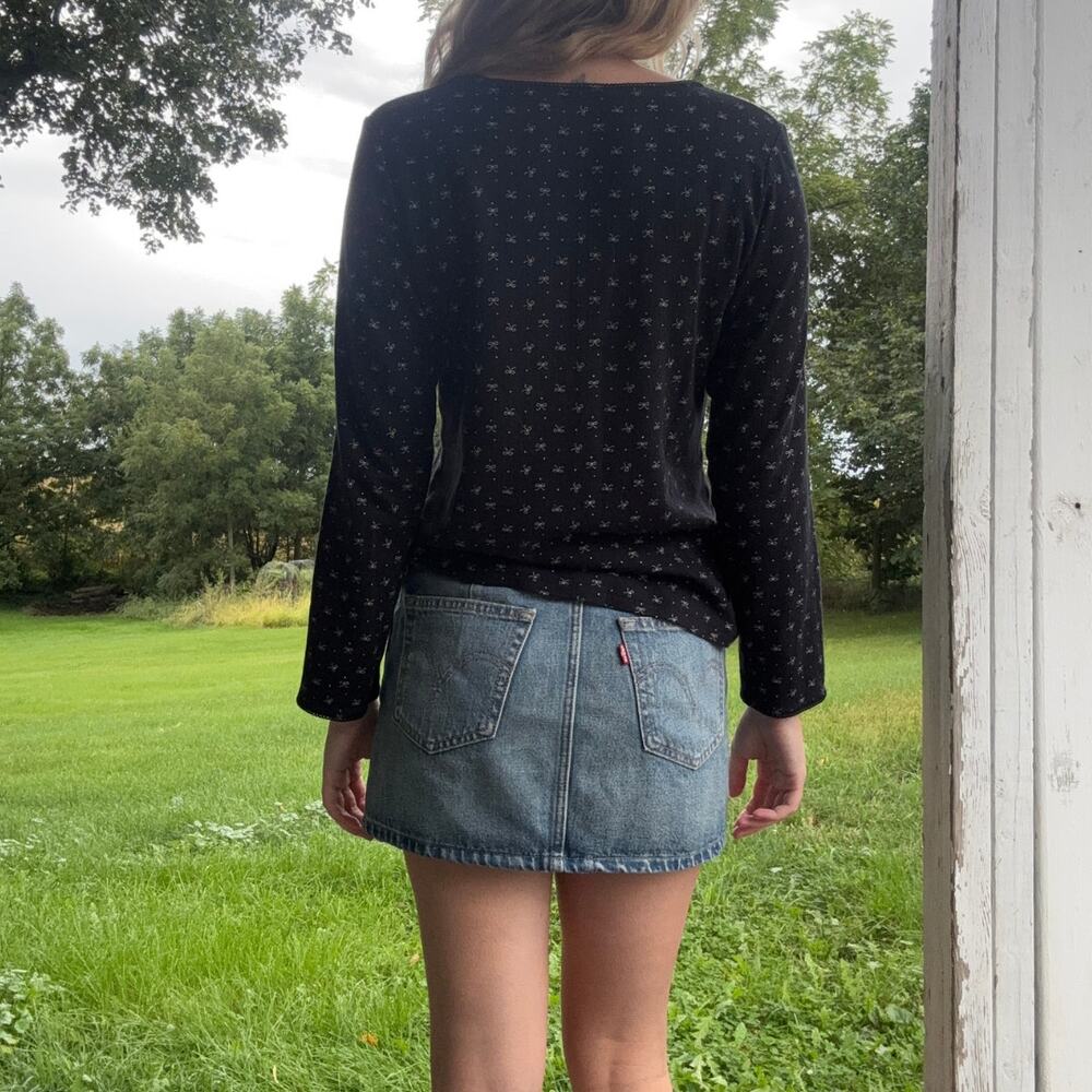 Women's Y2K Black Long Sleeve Pointelle PJ Top with All-Over White Bow Print - Picture 3 of 3